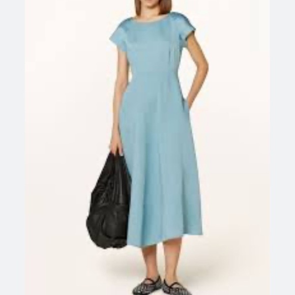 Maxmara Weekend NWT Ghiglia A-line Midi Dress Brushed Satin Linen Water Blue - Picture 1 of 16
